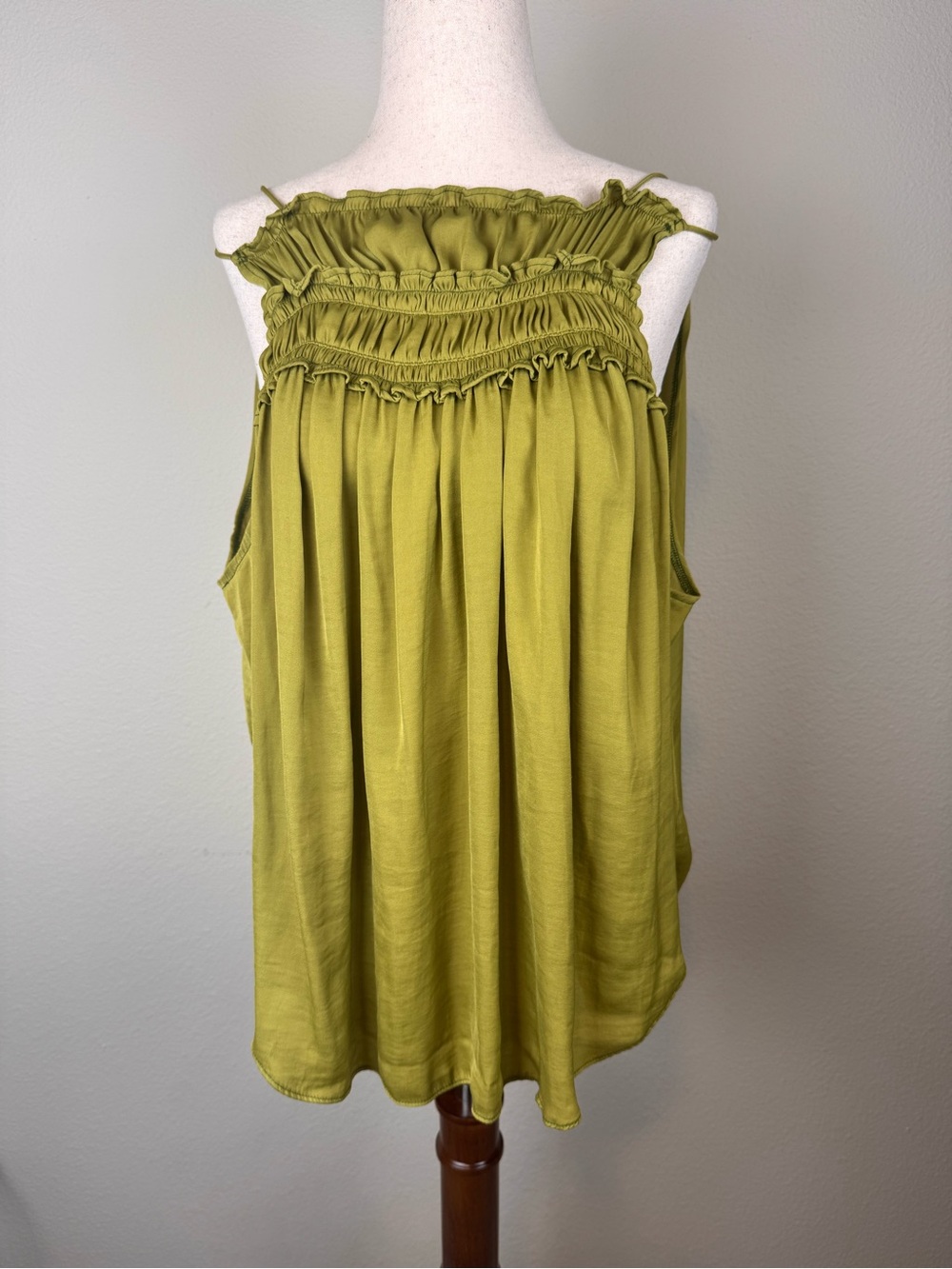 Free People Ruffle Camisole OliveChartreuse Green Smocked Tie Back Boho Tank Top